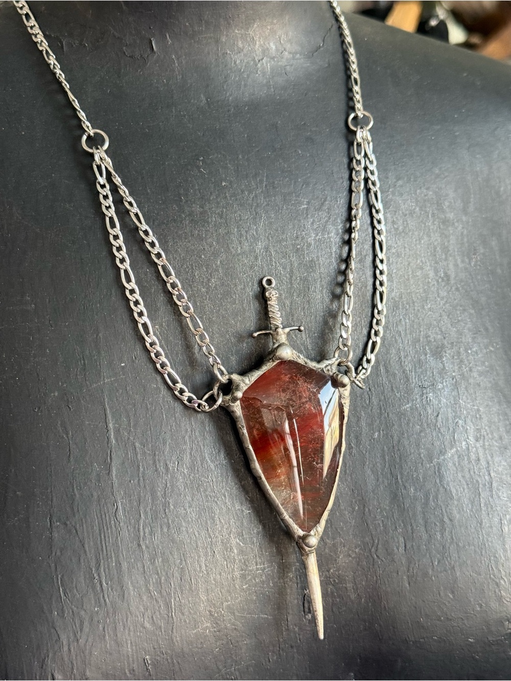 Amphibole Crystal Shield Pendant Necklace with sword statement jewelry goth